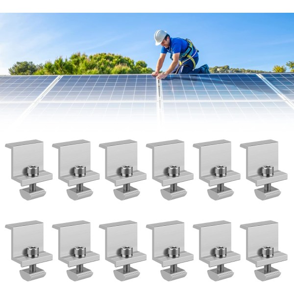Solpanelbeslag 12 pakke, Solpanelbeslag til solcellepanel, Justerbare Solar Rail endestolper - Fotovoltaisk støttebeslag til autocampere, både (35 mm)