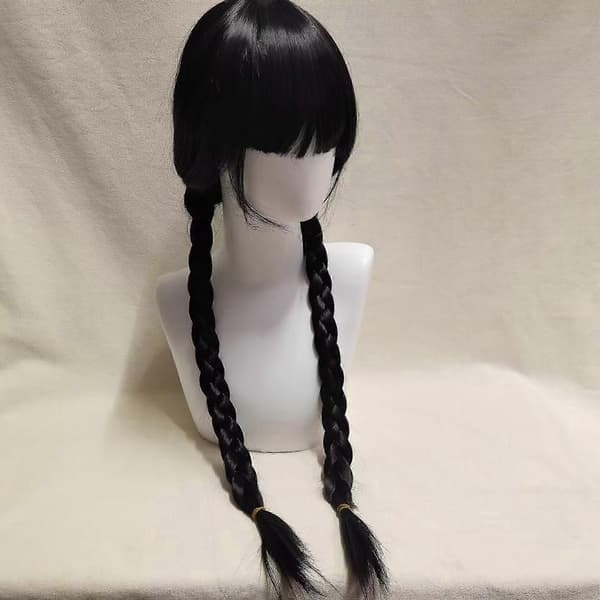 Flickor Onsdag Cosplay Peruk Svart Dubbel Hästsvans Flätad Peruk