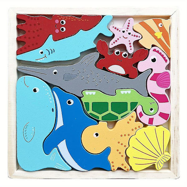 Träpussel byggsten Tecknad djur Kreativt temabräde Jigsaw Game Tidig pedagogisk leksak Ocean Animals