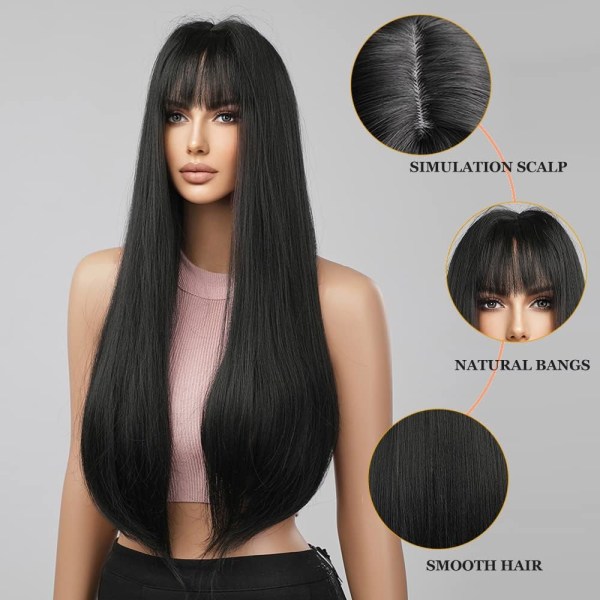 Pitkät suorat mustat peruukit naisille synteettiset hiukset, luonnollinen peruukki päivittäisiin Cosplay-bileisiin - 24 tuumaa