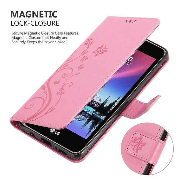 LG K4 2017 Mobiltelefon Cover Etui - med blomstermønster og standfunktion og kortlomme FLORAL ROSA K4 2017