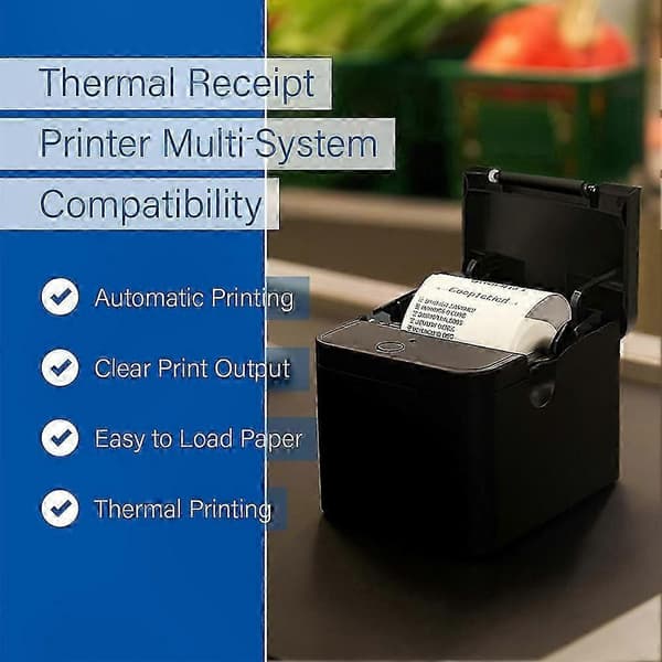 Termisk kasseprinter, hurtig udskrivning ved 90 mm/s, Bluetooth- og USB-forbindelse, synkronisering på tværs af platforme, EU-strømadapter Black