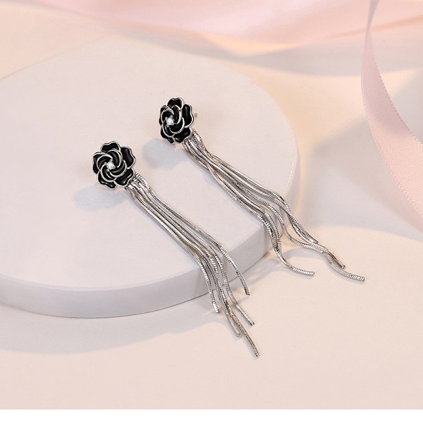 925 Sterling Sølv Sorte Rose Tassel Lange Øreringe til Kvinder Forlovelses Smykker Gave