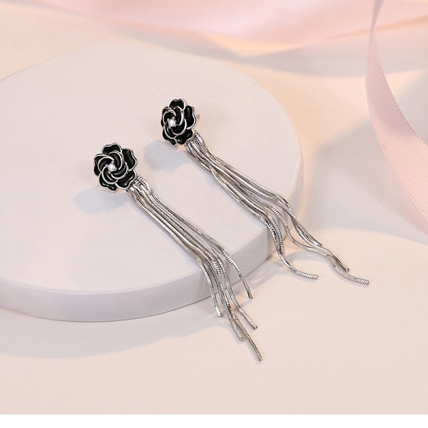 925 Sterling Sølv Svarte Rose Kvasse Lange Ørepynt for Kvinner Forlovelses Smykker Gave