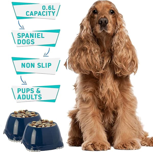 DogCentre 2x 0.6L Mørkeblå Spaniel Hundehvalpe Skåle Skridsikker Dyrefoder Vandfade Sæt