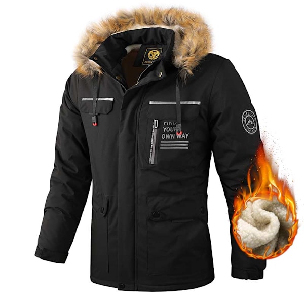 2024 Vinter Ny Herr Tjock Varm Fleece Parkas Vindtät Pälskrage Huva Jacka Klassisk Casual Kavaj Negro L