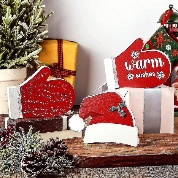 Julelags brettdekor Farmhouse Hat Og Hansker Skilt Bordplate Ornament(rød)(3stk) Bd