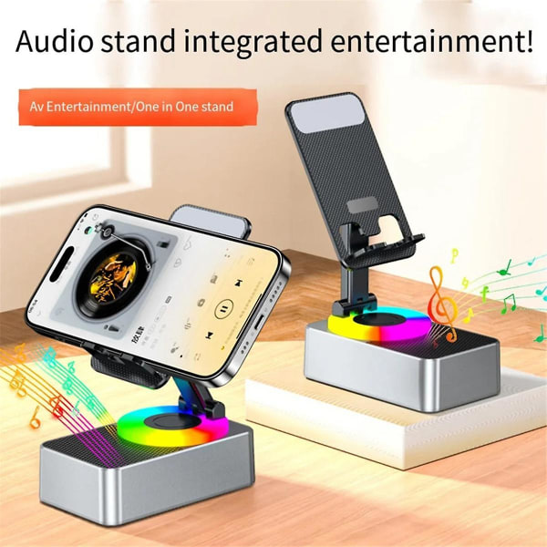 3-i-1 mobiltelefonholder, lyd powerbank, Bluetooth-opkalds højttaler, multifunktionel foldbar roterende skrivebord, Gray