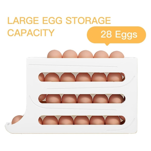Æggedispenser Automatisk rullende æggebakke, Pladsbesparende Køleskabsæg, Holder 28 æg samtidigt -B White