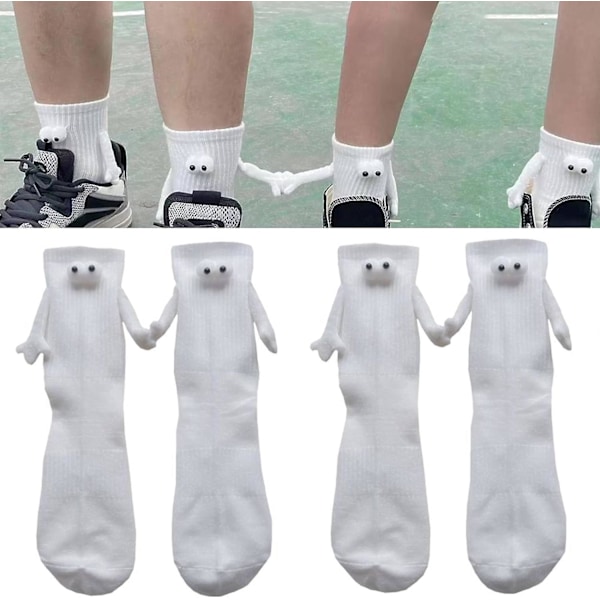 2 par roliga magnetiska sug 3d docka par strumpor, par som håller hand strumpor unisex mid-tube strumpor för kvinnor män white