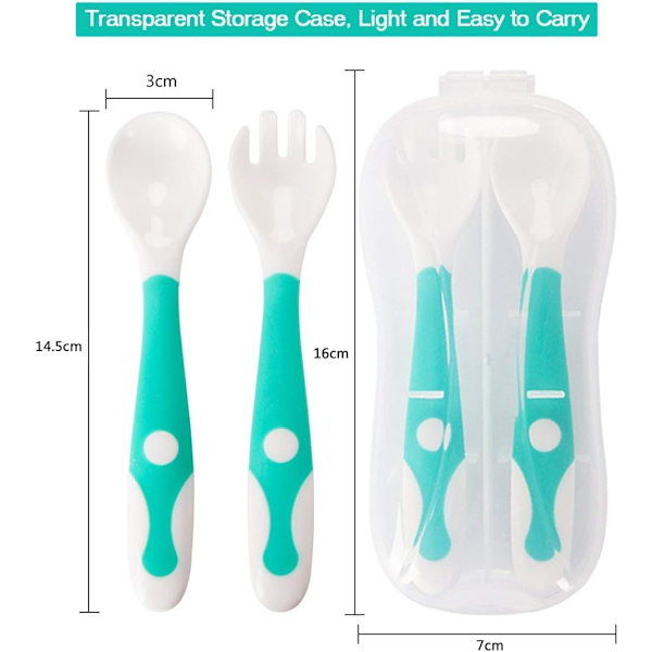 Baby Utensils Skjeer Gaffel Sett med Reise Trygg Veske Barn Fôring Treningsskje Enkel Grip Varmebestandig Fleksibel Læringsskjeer (Sett med 2)