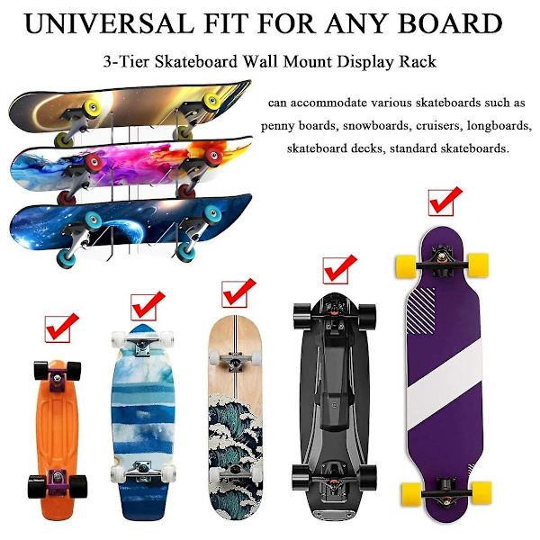 1 par Skateboard Display Rack Akryl Väggstativ Fast montering inomhus Flytande Skateboard Förvaringsfäste Vägghållare Transparent