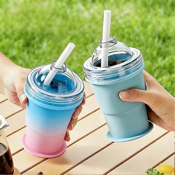 Hopfällbar isbollskopp i silikon, vikbar bärbar mugg, läckagesäkert lock 26-27 Gradient color 3pcs