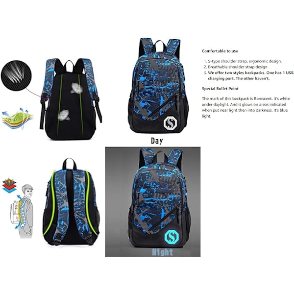 Boy 20L Fashion Skoleveske Ryggsekk med Florescent Mark 3 Sett/2 Sett
