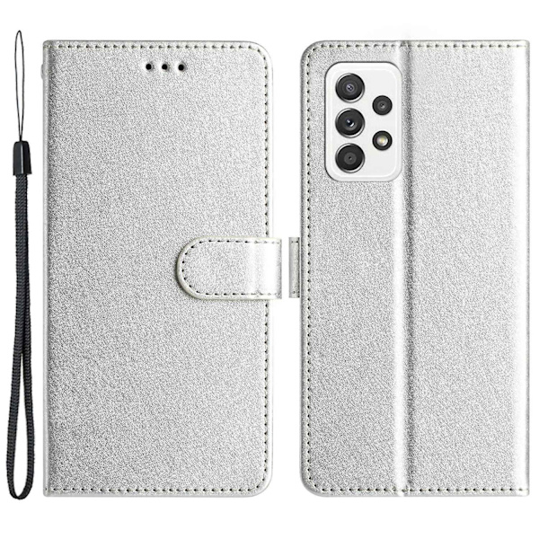 För Samsung Galaxy A33 5G PU Läder Telefon Plånbok Stativfodral Silke Textur Flip Case med Handrem Silver Style F Samsung Galaxy A33 5G