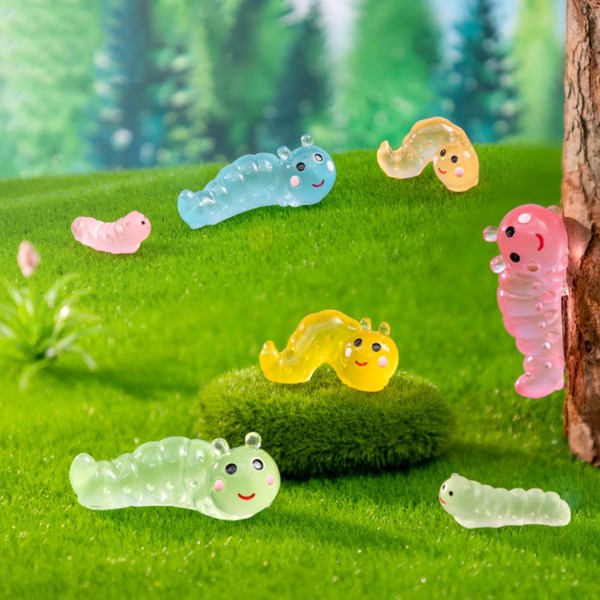 6 stk. Lysende Mini Caterpillar-figurer i Resin, Mikrolandskap, Bil Dashbord Caterpillar Miniatyr Ornament DIY Fe Hagemiljø Dekor Tianyuhe S