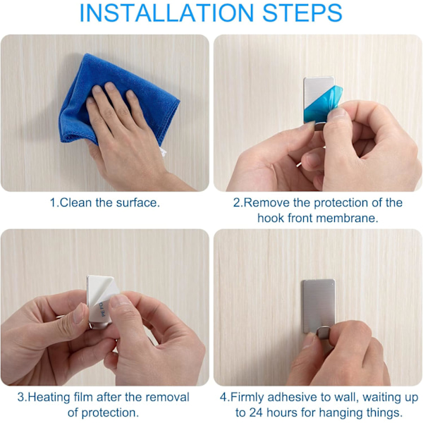 Selvklæbende kroge 24-pak, små klæbende kroge til ophængning, rustfrit stål ekstra stærke væg- og dørkroge, vandtætte, ingen søm
