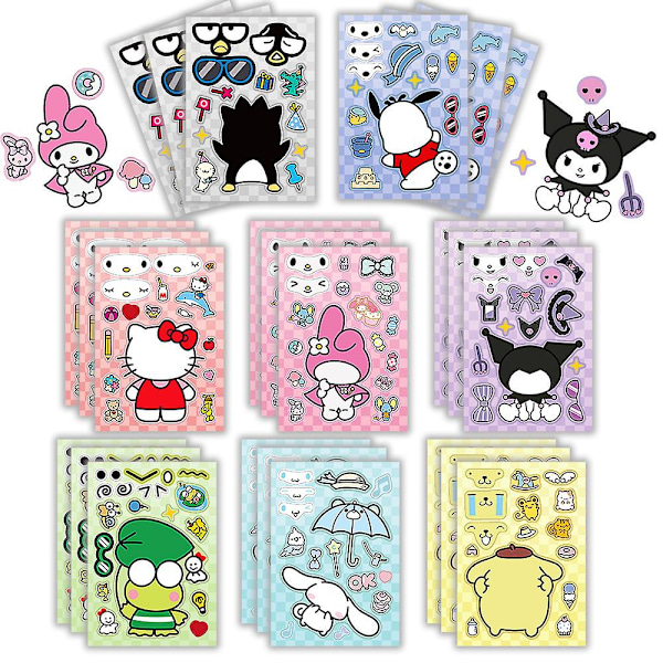 24 Pack Sanrio Cartoon Anime Make-a-face Sticker Sheets Diy Make Your Own Kuromi Mix And Match Sticker Sheets Kids Party Favor Supplies Craft Gifts