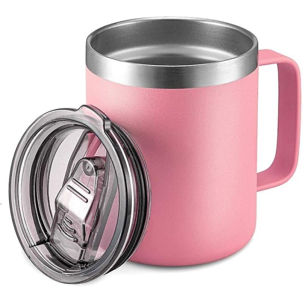 12 oz rustfritt stål isolert kaffekrus, dobbeltvegg vakuum reisekrus, drikkekrus med skyvelokk, rosa