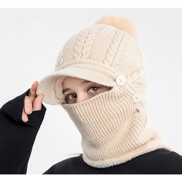 Damernas Beanie One Piece Slouchy Fleece Beanie Halsduk Mask Varm Vinter Stickad Beanie Tjock Skalle Skidmössa