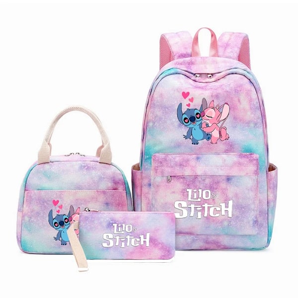Stitch-reppu opiskelijoille ja teineille, 3 osainen setti: lounaskassi, värikäs matkakassi ja reppu