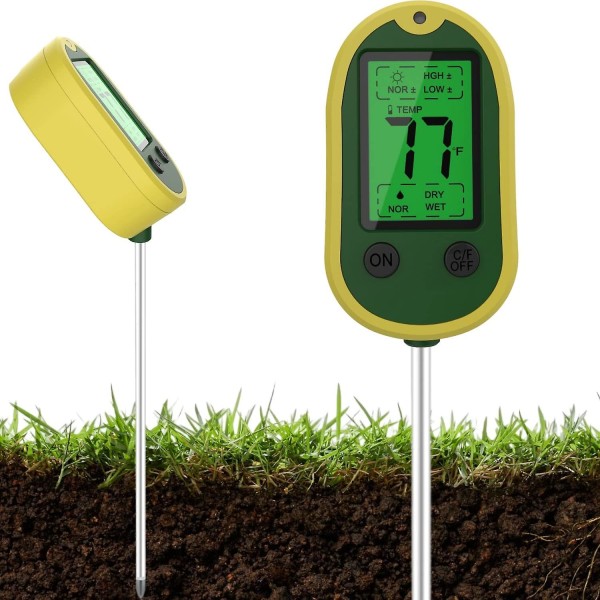 Maaperän kosteusmittari 4-in-1 kosteus/ph/lämpötila/valo, digitaalinen maaperän pH-mittari sisä- ja ulkokäyttöön, maaperän testisarja Yellow