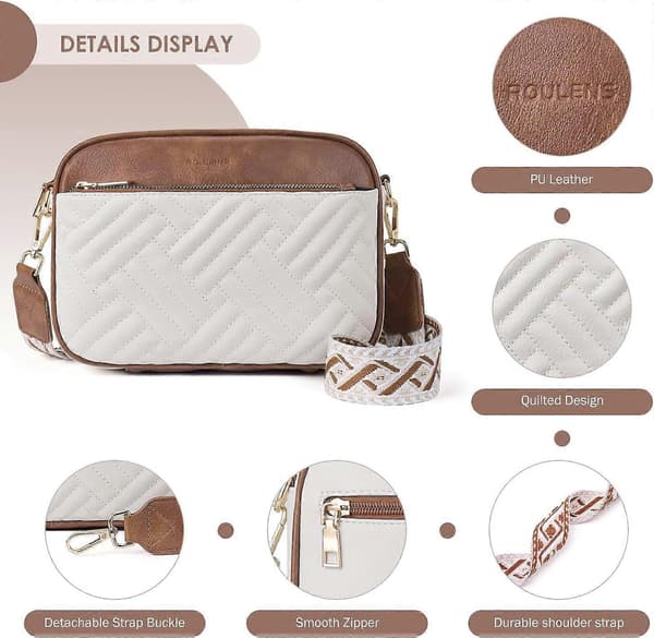 Små quiltade crossbody-väskor för kvinnor i veganskt PU-läder Axelväskor Damväskor med bred rem White brown