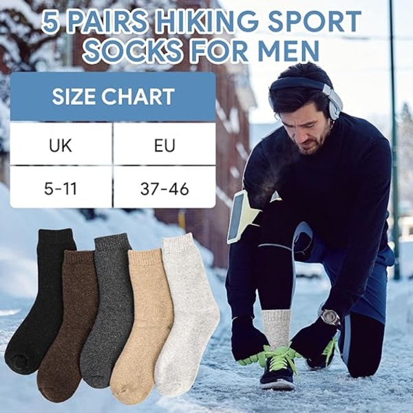 Miesten thermal , 5 paria paksut talvisukat miesten sukat, superpehmeät mukavat klassiset lämpimät villasukat