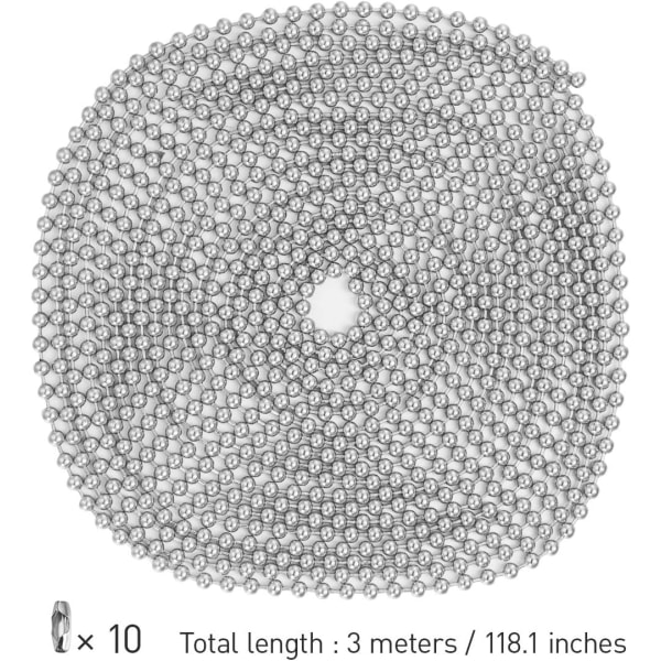 Kulekjede 3 meter lang med 2,4 mm diameter og 10 forskjellige koblinger