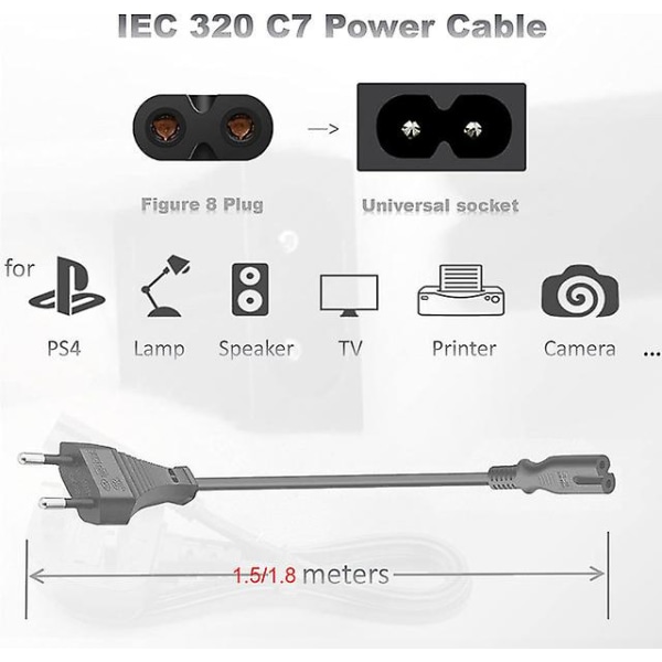 Power 1.5m/1.8m Iec C7 2-pin Euro Plug Cable Kuva 8 Power Ps3 Ps4 Hp Philips Printer Samsung Lg Tcl Sony Philips Tv PC Monitor jne. 1.5M