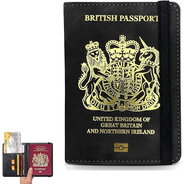 British Passport Holder with Elastic Strap, Passport Case with RFID Blocking, Credit Cards(Black)