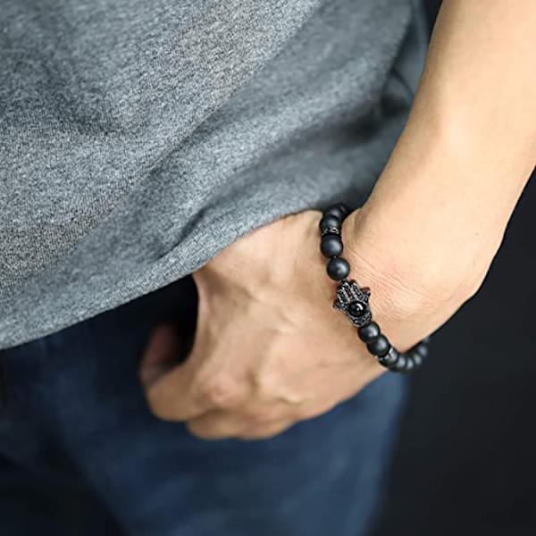 Unisex armband med naturliga stenpärlor och Hand of Fatima-amulett