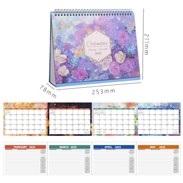 2025 Skrivbords kalender, 2025 Stående Vikbar Skrivbords kalender, Januari 2025-December 2025, Med Anteckningssidor, Helgdagar och Stort Anteckningsområde, Färgglada Blommor style1
