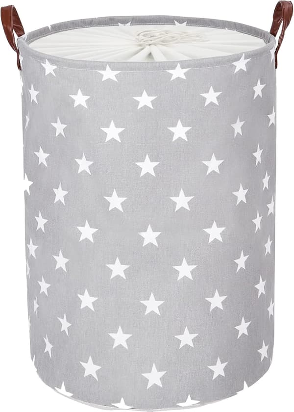 Freestanding Laundry Hamper with Lid, 19 inch, Foldable Large Laundry Basket with Drawstring and Leather Handles