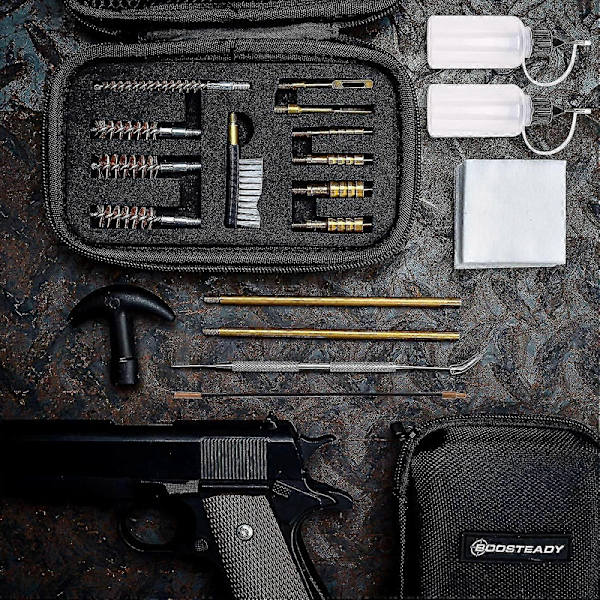Yleiskäyttöinen .22, .357, .38, 9 mm, .45 kaliiperin käsiaseiden puhdistussarja - pronssiharja ja messinkiadapteri