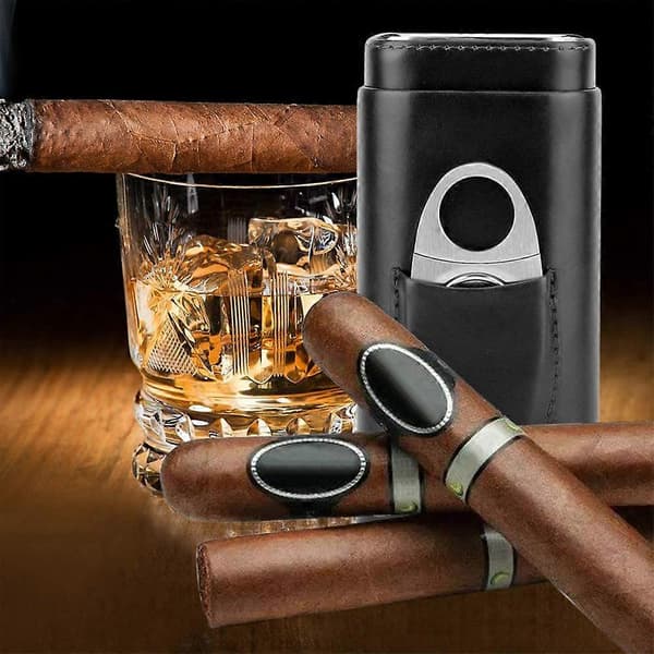 Cigarrfodral i läder med cederträfoder, bärbart cigarrresefodral för män, elegant design, premiummaterial, cigarrskärare i stål ingår för