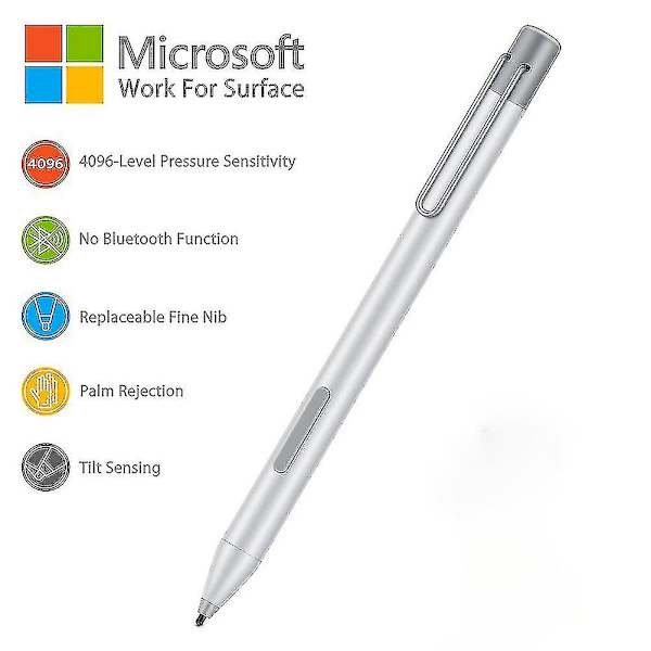 Penna för Microsoft Surface, kompatibel med Surface 3, Surface Go, Surface Pro 3, Surface Pro 4, Surface Pro 5, Surface Pro (2017), Surface Pro 6, Surf Silver
