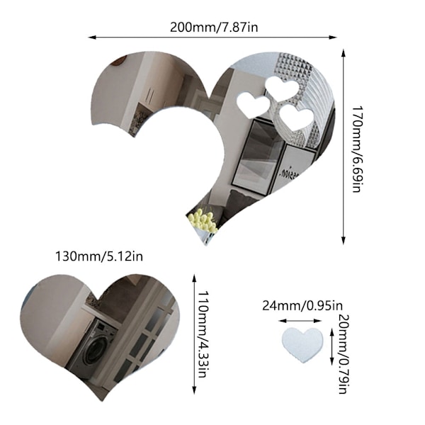 Speilfliser 3D Love Heart Veggklistremer DIY Selvklistrende Rom Hjem Kunstklistremerke