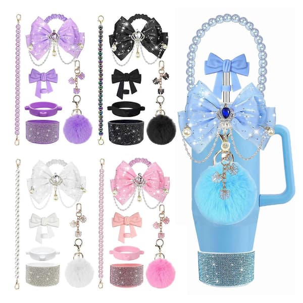 1 set mugghylsa – glittrande strass och rosett – med silikonbotten för mugg E