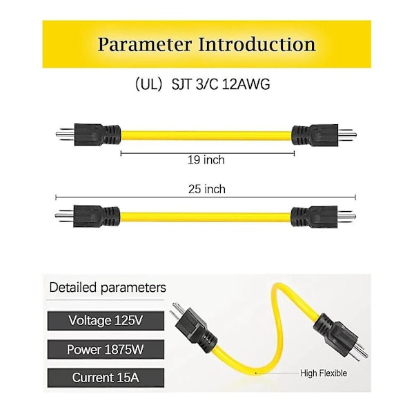 Urosähköjohto, RV- ja generaattoriliitäntäjohto, 5-15p siirtokytkimelle, 12awg 125v kaksinkertainen uros Yellow