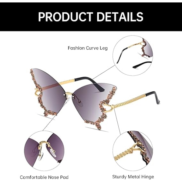 Dame Rimless Solbriller Sommerfugl Vintage-Retro Funky Farvede Diamant Rhinestone Briller Festival Rave 70'er Fest Solbriller UV Beskyttelse