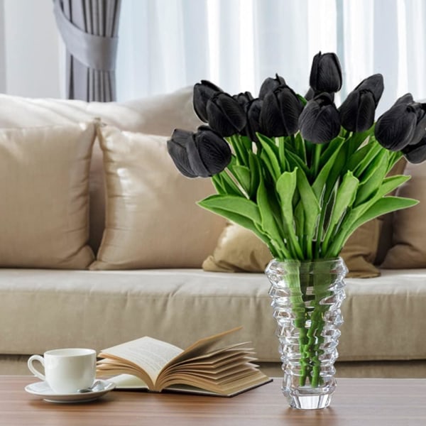 24 stk Latex kunstige tulipaner buket kunstige blomster Real Touch DIY buketter, bryllupsbordfest, kontordekoration, blomsterarrangementer, sort