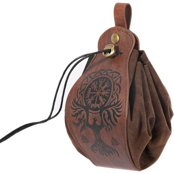 Medeltida konstläder Vikingpåse, nordisk kompassmönstrad plånbok, dragsnöre väska midjeväska, bärbar plånbok, vintage bältespåse