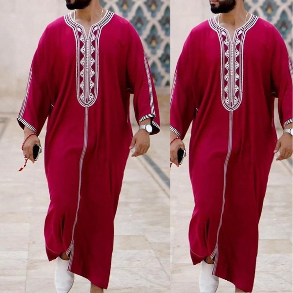 Vintage Män Islamiska Arabiska Kaftan Muslim Kläder Långärmade Patchwork Robes