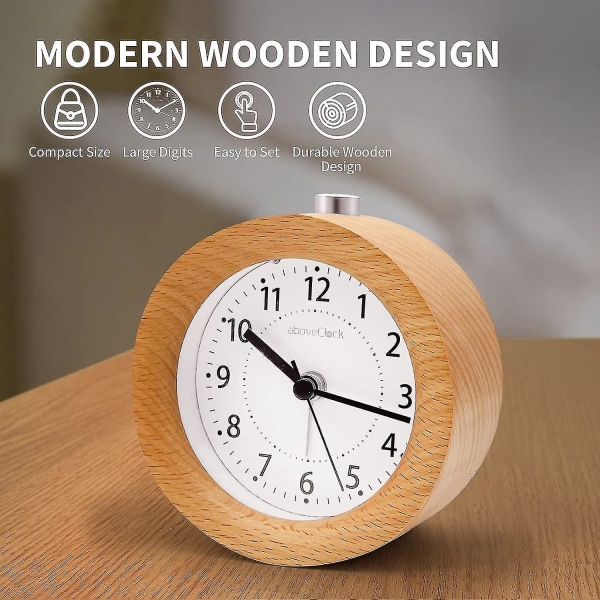 Alarmur Analog uden tikkende, Vækkeur Træ Med Snooze, Retro Vækkeur Bordur Med Natlys Uden Stråling Batt Clv (dp)