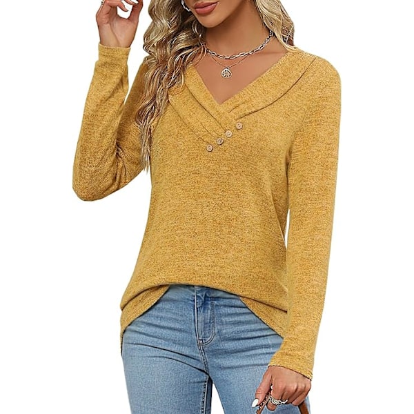 Kvinners langarmede T-skjorter Casual Myk Lett Bluser Tunika Topper V-hals Genser Pullover Knappelukking Topper, S-XXL Yellow XL