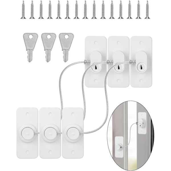 3 stk. vindueslåse til vinduer, vindueslåse til børnesikring, vindueslåse med skruenøgler til baby, barn og kæledyrssikkerhed (hvid)