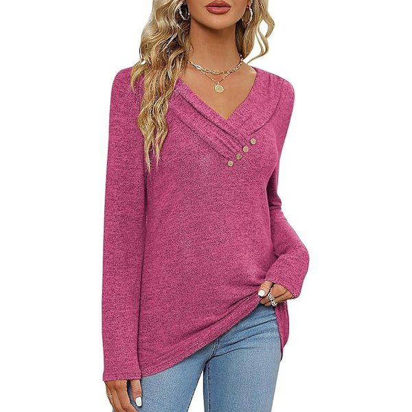 Kvinners langærmet T-skjorter Casual Myk Lett Bluser Tunika Topper V-hals Genser Pullover Knappet Ned Topper, S-XXL Pink XL