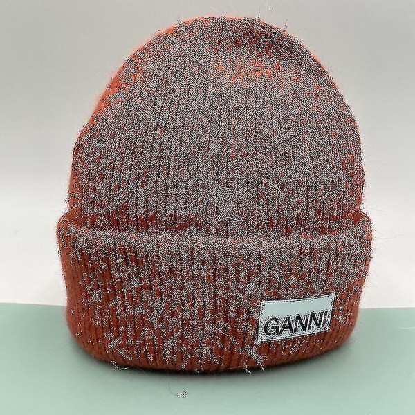 Strikket lue for menn og kvinner - Ganni - Vinter - Varm - Mansjett - Strikket - Stretch - Beanie - Lue Brick red