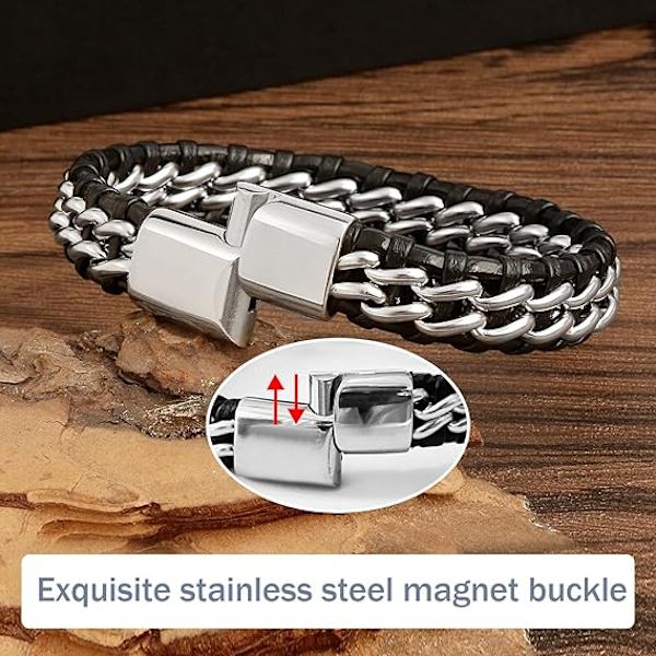 Läderarmband för män svart, klassiskt handgjort flätat svart manschettarmband, svart manschettarmband med rostfritt stålspänne